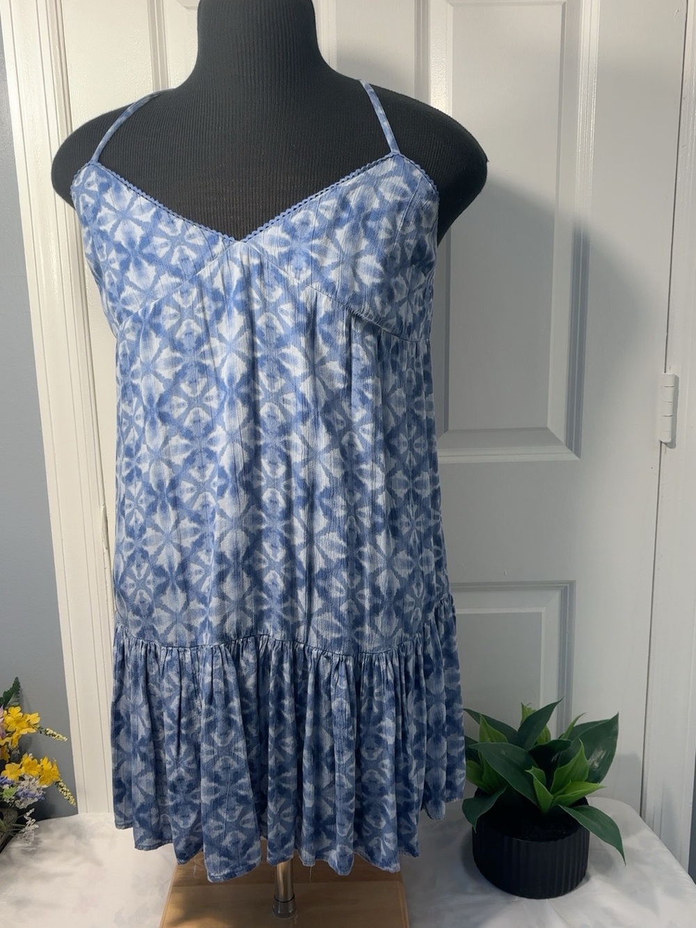 Arizona Jean Company Blue Printed Spaghetti-Strap Mini Dress